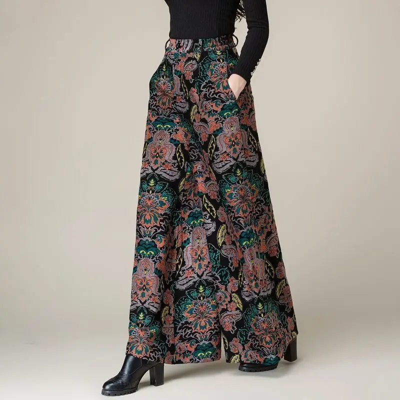 Autumn and Winter Women's Printed Elastic Button Fashion Commute Loose Middle Aged Wide Leg New High Waist Straight Skirt Pants