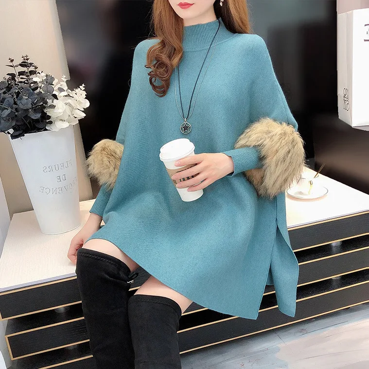 

Autumn Winter Imitation Wool Sleeves Cape Knitted Pullover Sweater Loose Coat Women Sleeved Poncho Lady Capes Blue Cloaks