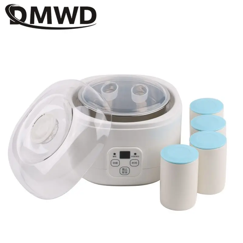 DMWD 1L Smart Electric Yogurt Maker Natto Rice Wine Machine Automatic Fermentation Stainless Steel Liner With 4 ceramic liners