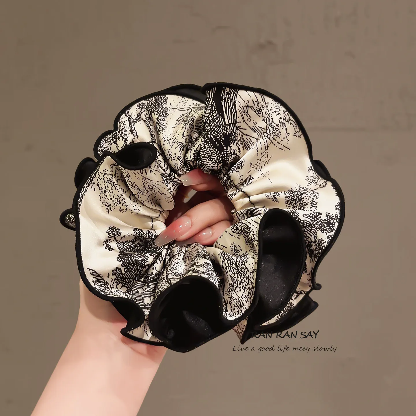 Premium Ink Painting Satin Scrunchie Pleated Design Strong Elastic Ponytail Holder for Women Low Bun Daily Elegant Non Slip