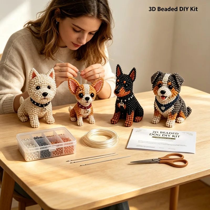 Cute 3D Beaded Dog DIY Kit 4Pcs Handmade Puppy Bead Craft Set for Kids Adults Christmas Gift Festival Home Decor Toy