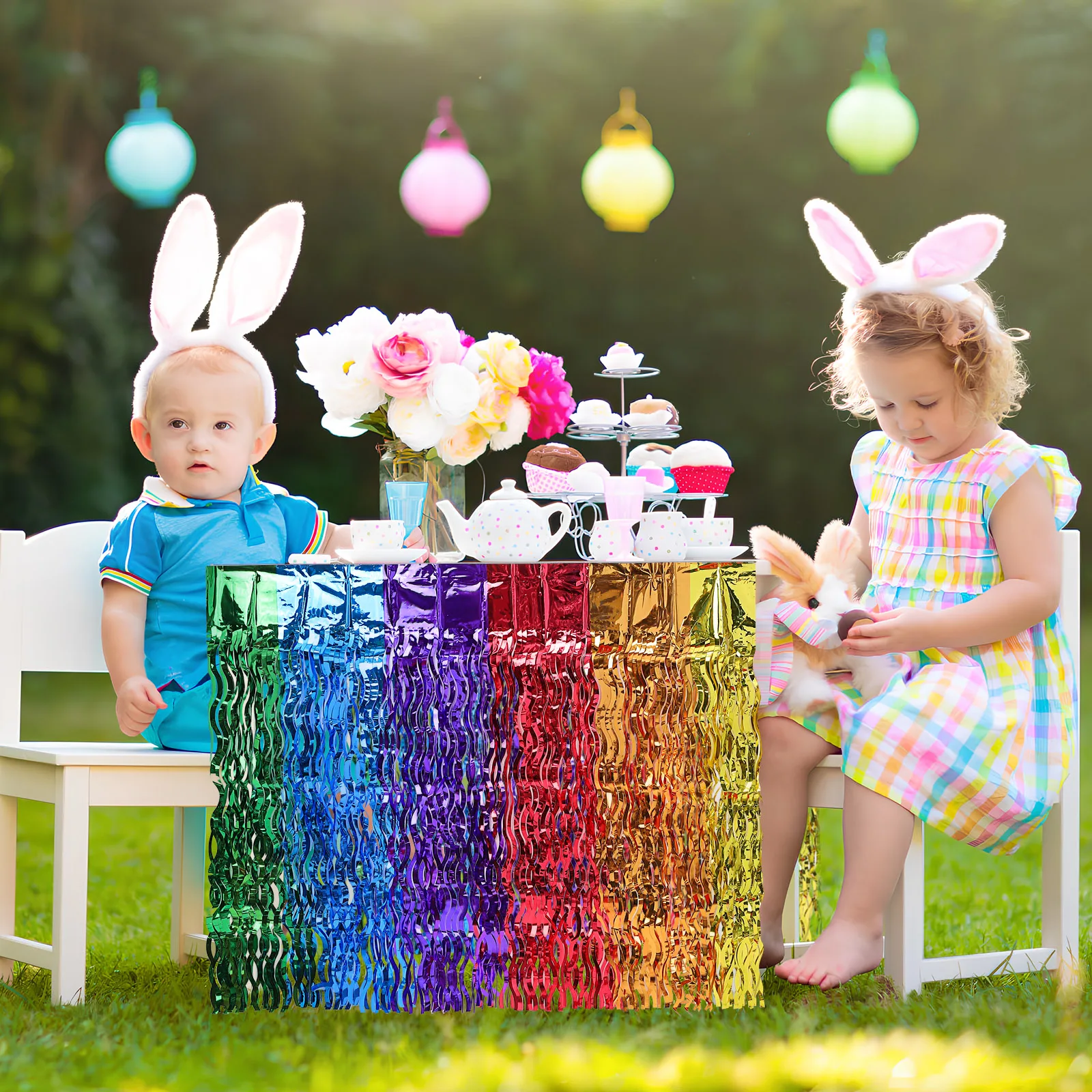

2pcs Rainbow Table Skirt Colorful Plastic Fringe Wavy Pattern Party Decorations Bridal Shower Festive Accessories