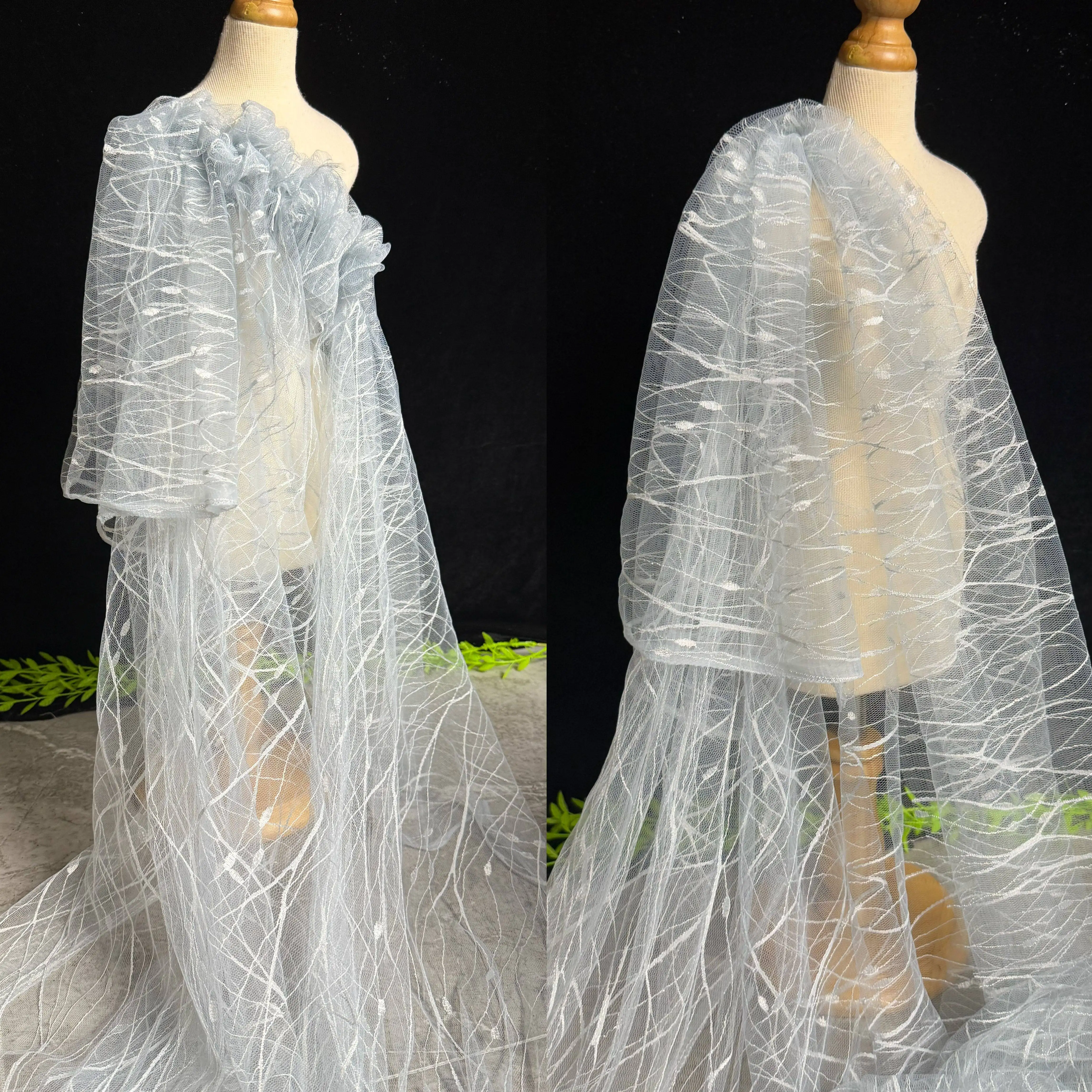 3 M  Blue gray Transparent Glittery Tree - branch Lace Mesh Fabric Ideal for Clothing Fabric and Accessories