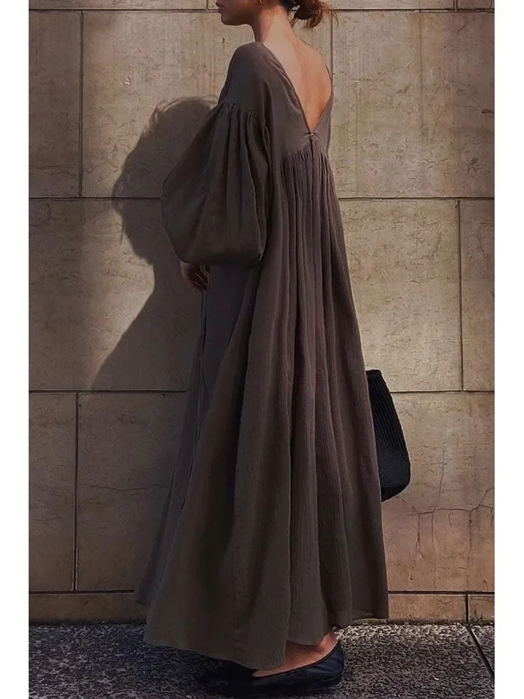 Spring Long Cotton Linen Dress Women V-Neck Fashion Backless Korean Ladies Dresses Loose Pleated Lantern Long Sleeve Woman Dress