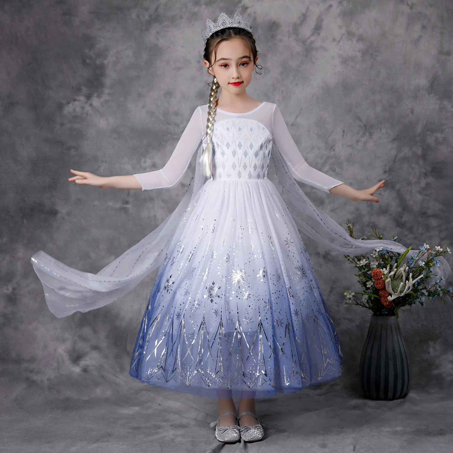 Disney-vestido de princesa de Elsa y Frozen para niños, traje blanco de malla con lentejuelas, Cosplay de Halloween, Reina de la nieve, disfraz de Carnaval