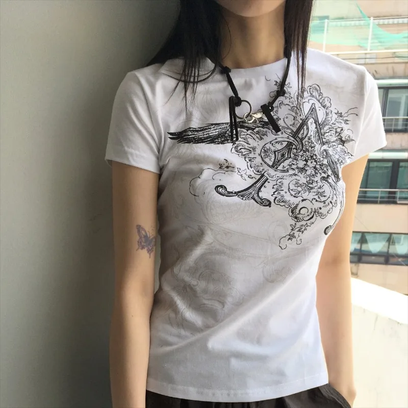 

Womens Y2K Gothic Cotton T Shirt Wings Embroidery Slim Fit Short Sleeve Summer Vintage Streetwear Casual Breathe Sexy Top