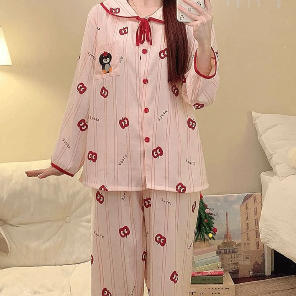 

Sweet Flip Collar Stripe Pajamas Set Dog Casual Sweet Pajamas Suit Penguin Loose Two Pieces Nightwears Women