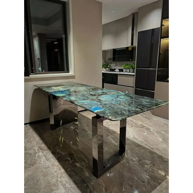 Imported Blue Jadeite Luxury Stone Dining Table Designer Italian Light Luxury Rectangular Ultra Precision Sapphire Dining Table