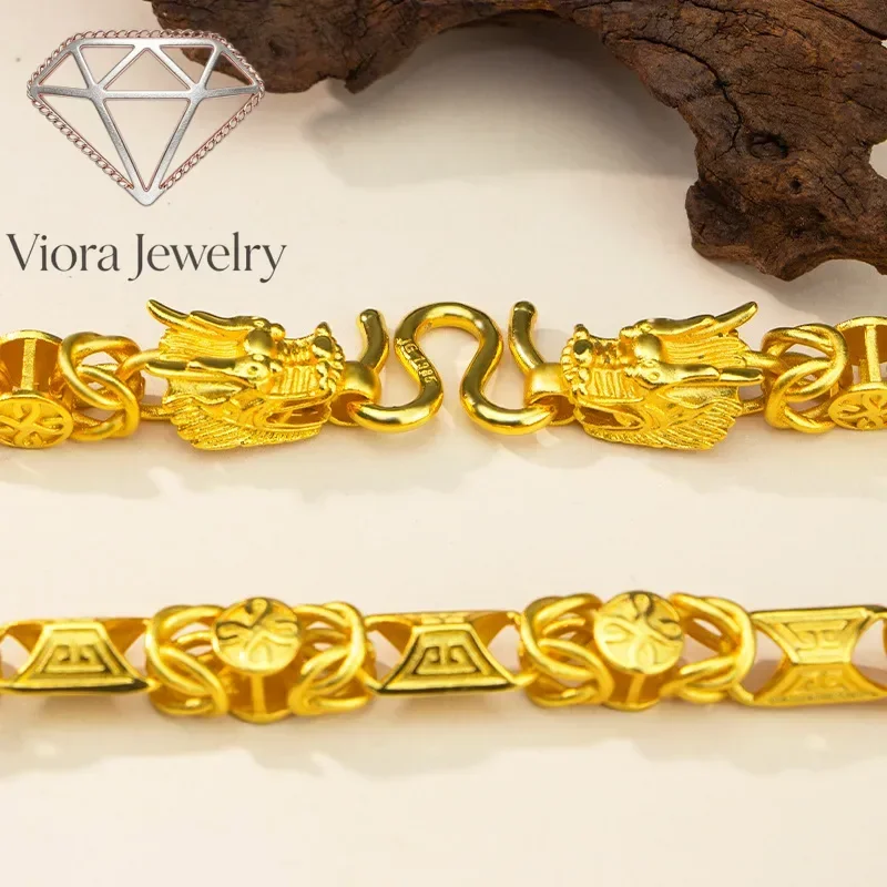 Viora Jewelry Luxurious 9999 24K real gold auspicious double dragon head necklace domineering pure gold men's necklace fashion b
