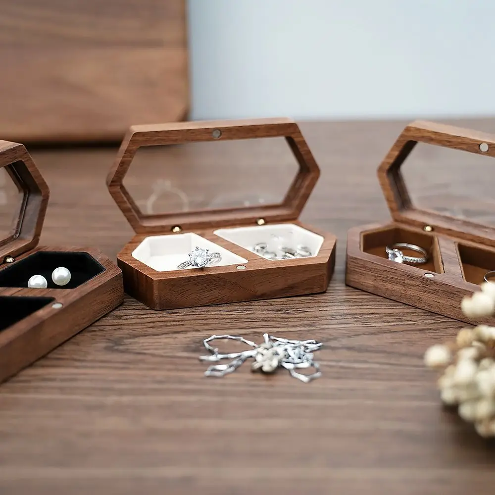 Simple Velvet Mini Wood Rings Box Luxury Square Rings Bearer Box Wedding Dust-proof Rings Display Case Couple