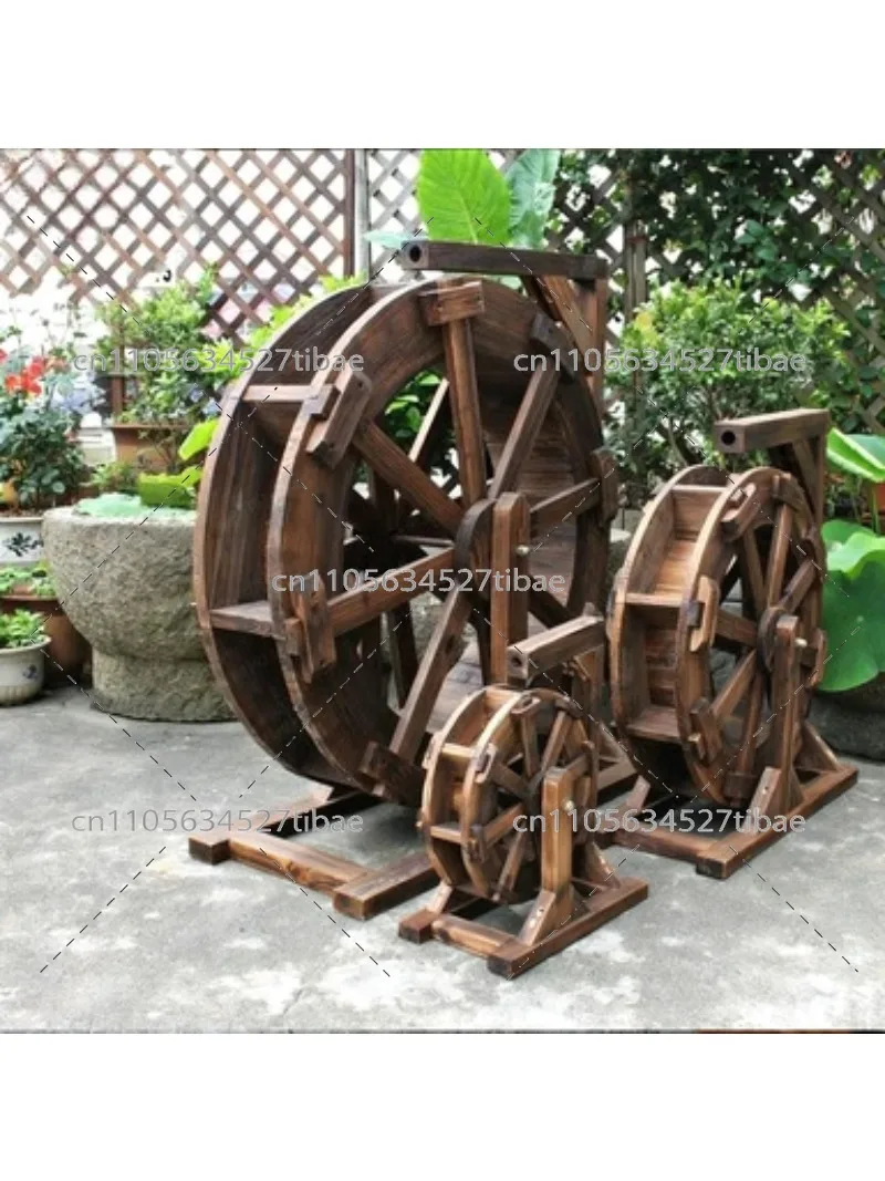 Outdoor Rotating Water Wheel Ornament, Anti-Corrosion Wood Small Water Wheel for Garden Decor