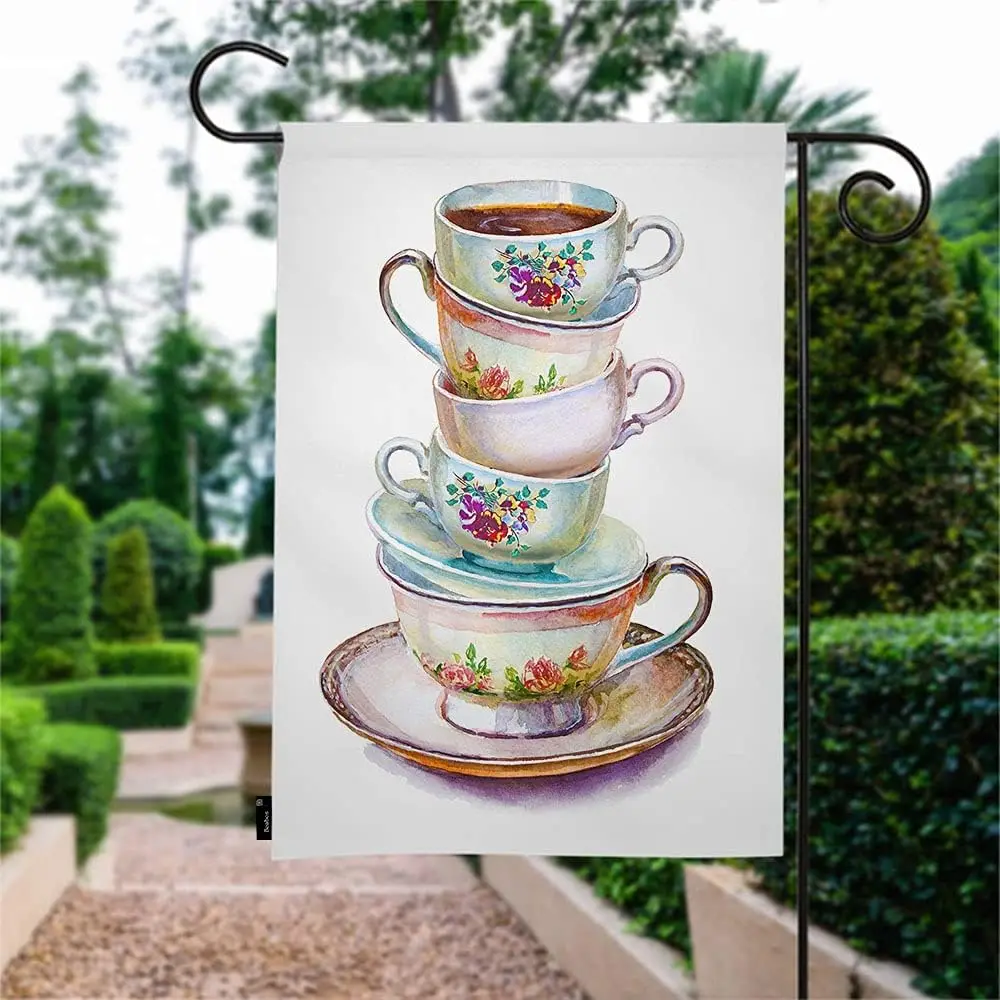 Beabes Party Tea Cups And Saucers Garden Flag Colorful Floral Jungle Leaf Glassware Flower Welcome Yard Flag Banner Garden Porch