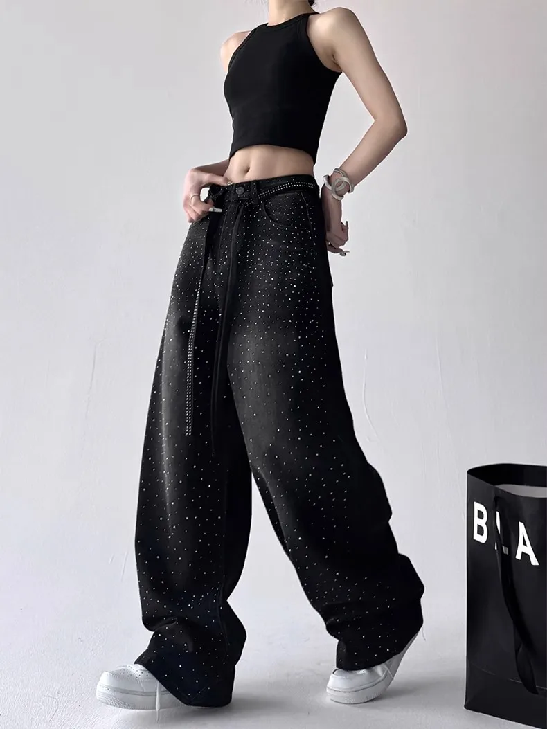 Y2K 별이 빛나는 하늘 청바지 여성 하이 웨이스트 핫 스탬프 다이아몬드 디자인 루즈 피트 와이드 레그 바닥 길이 가을 바지