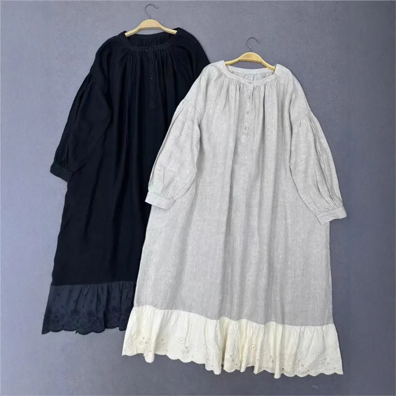 Johnature retro preguiçoso estilo em camadas vestido de linho para mulher novo solto em torno do pescoço vestido longo para o outono 2025