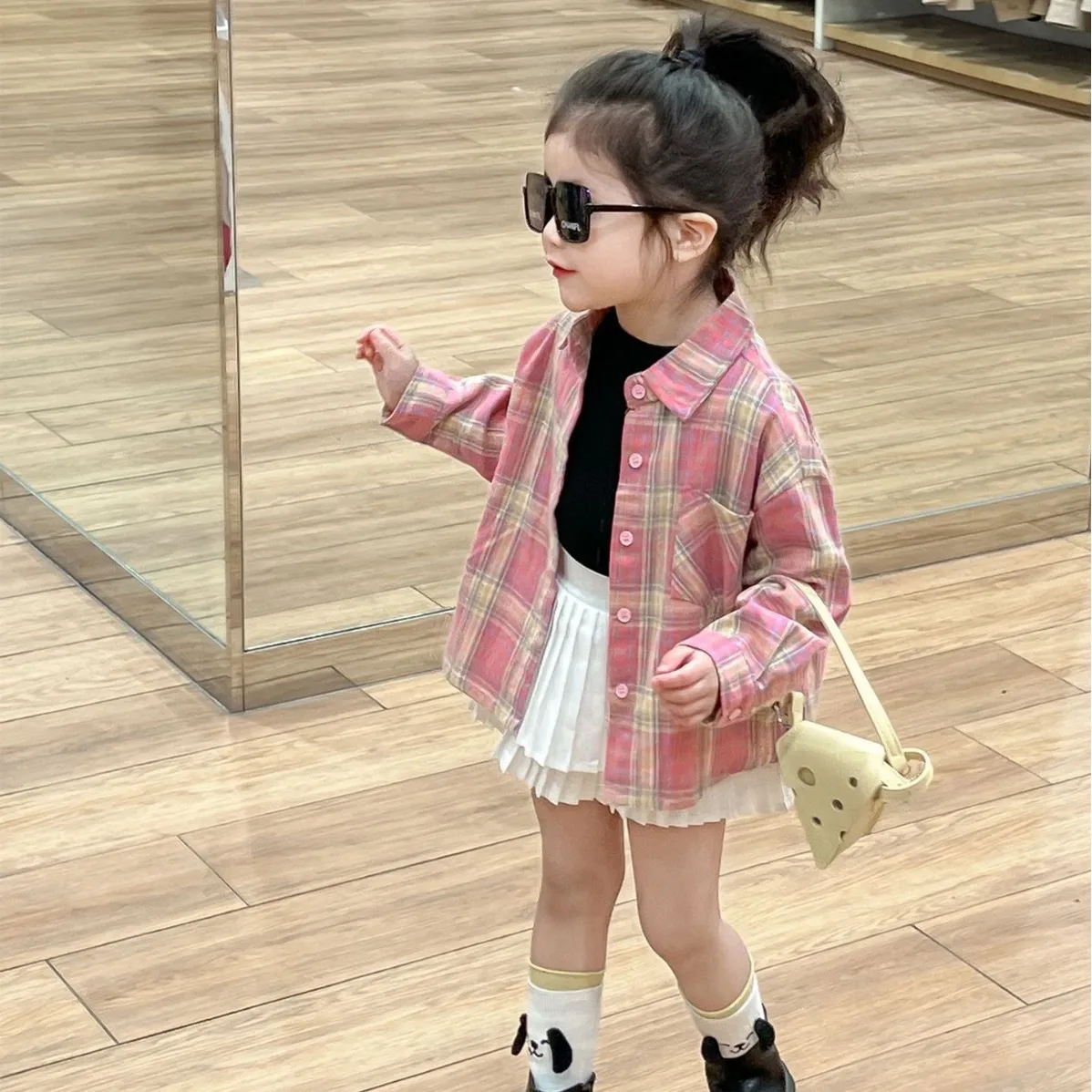 Childrens Sets Spring Summer Korea Simple Girls Causal Shirts Short Pleated Skirt 2024 Round Collar Soild Loose Fashion