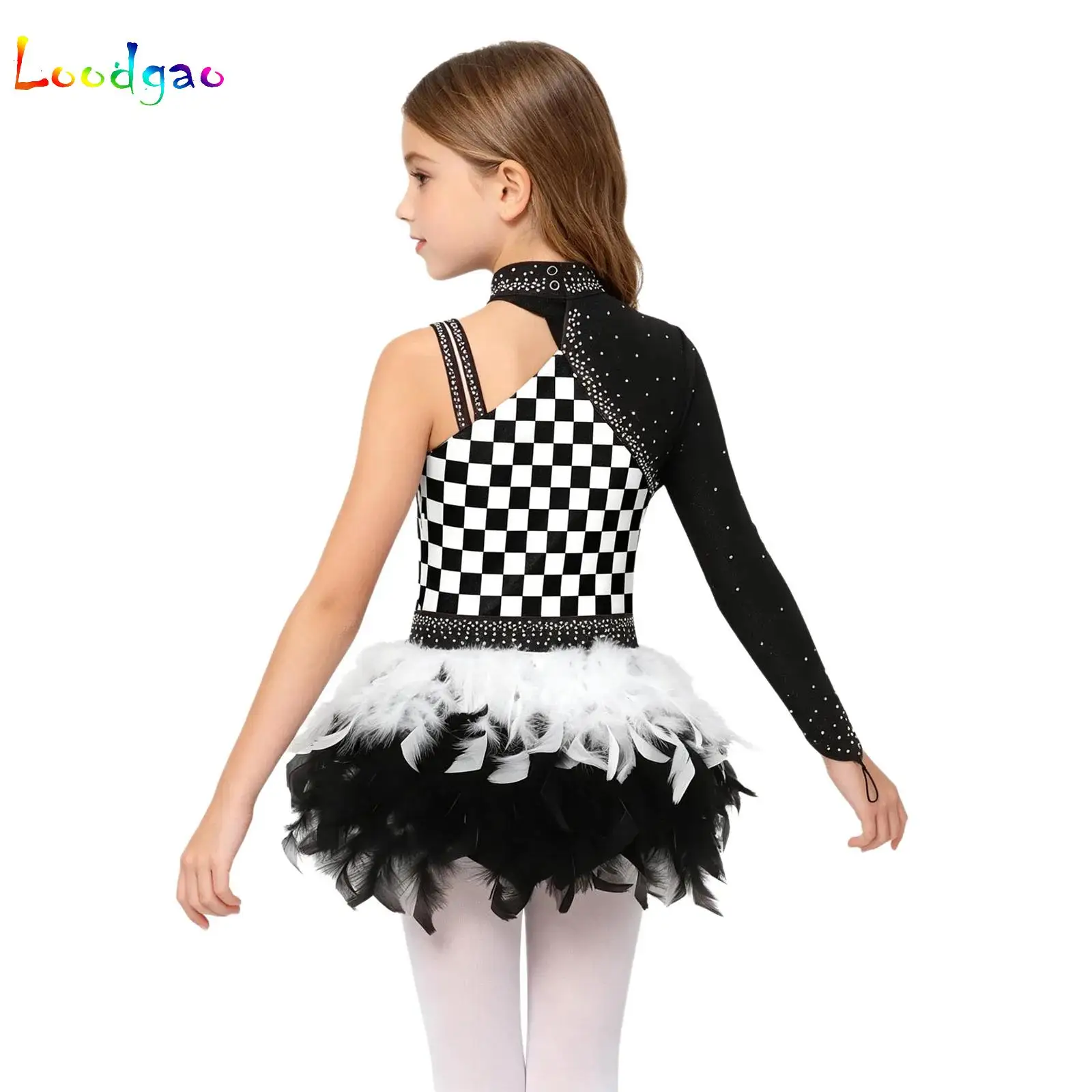 

Kids Girls Sparkly Rhinestone Ballet Dance Dress Asymmetrical Sleeve Feather Skirted Leotard for Lyrical Performance Competition