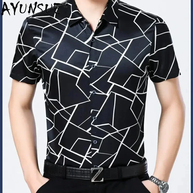 

High Quality Summer 92% Mulberry Real Silk Short Sleeve Shirt for Men Loose Satin 's Clothing Printed Camisas