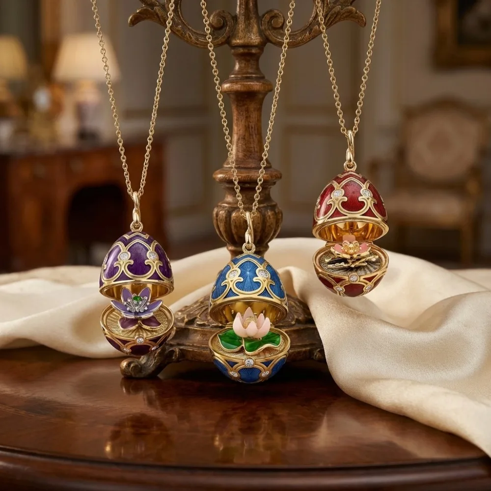 Openable Enamel Easter Egg Pendant Necklace Lotus Flower Handmade Oil Drip Design Delicate Fashion Women Jewelry Accessory