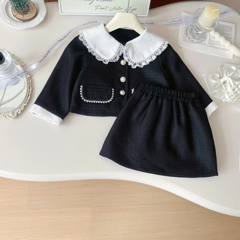 

Girls' Suit 2024 Autumn New Small Fragrance Girls' Lapel Lace Lace Coat + Cute Skirt Two-piece Set Girls Clothes for 2-7 Yrs