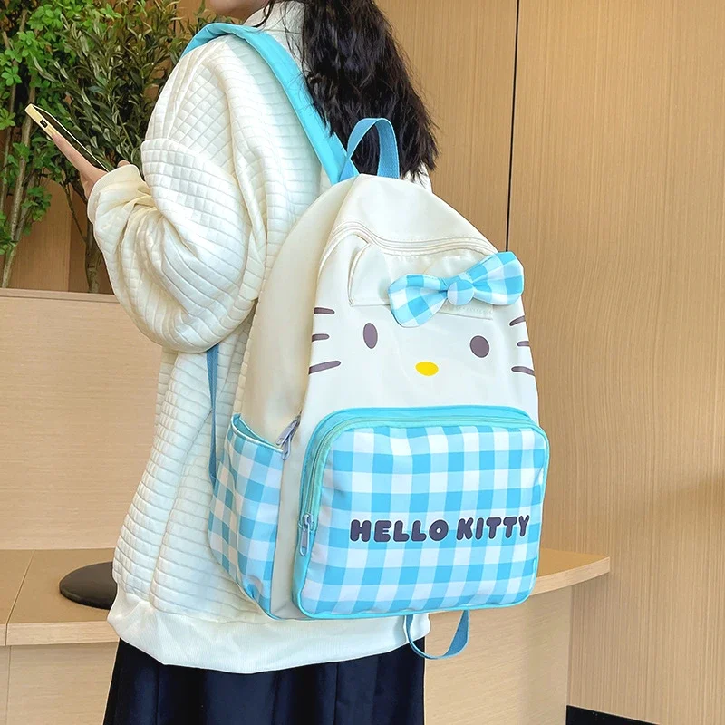 Sanrio Hello Kitty cute and sweet student schoolbag cartoon contrasting color plaid light travel large capacity backpack