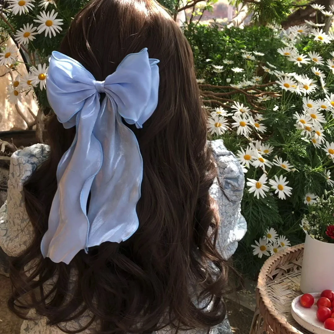 Fita de cetim para mulheres e meninas, clip de primavera para cabelo, 2 camadas, bowknot, streamer streamer, presilha, moda