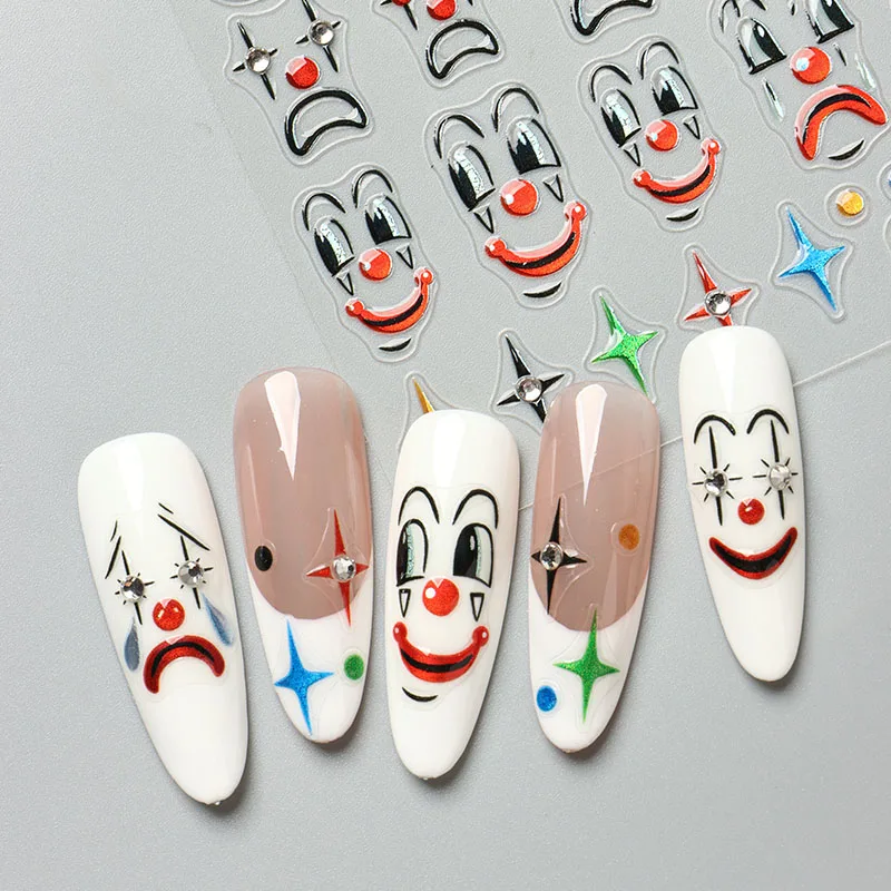 5D تنقش مهرج مسمار الفن ملصقات الكرتون جوكر تصميم مع أحجار الراين هالوين التعبير لاصق الشارات مسمار المورد