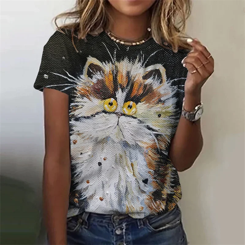 3D Printed Funny Animal T-Shirt for Women Cute Cat Graphic T Shirts Summer Harajuku Round Neck Tops Short Sleeves Loose Tees