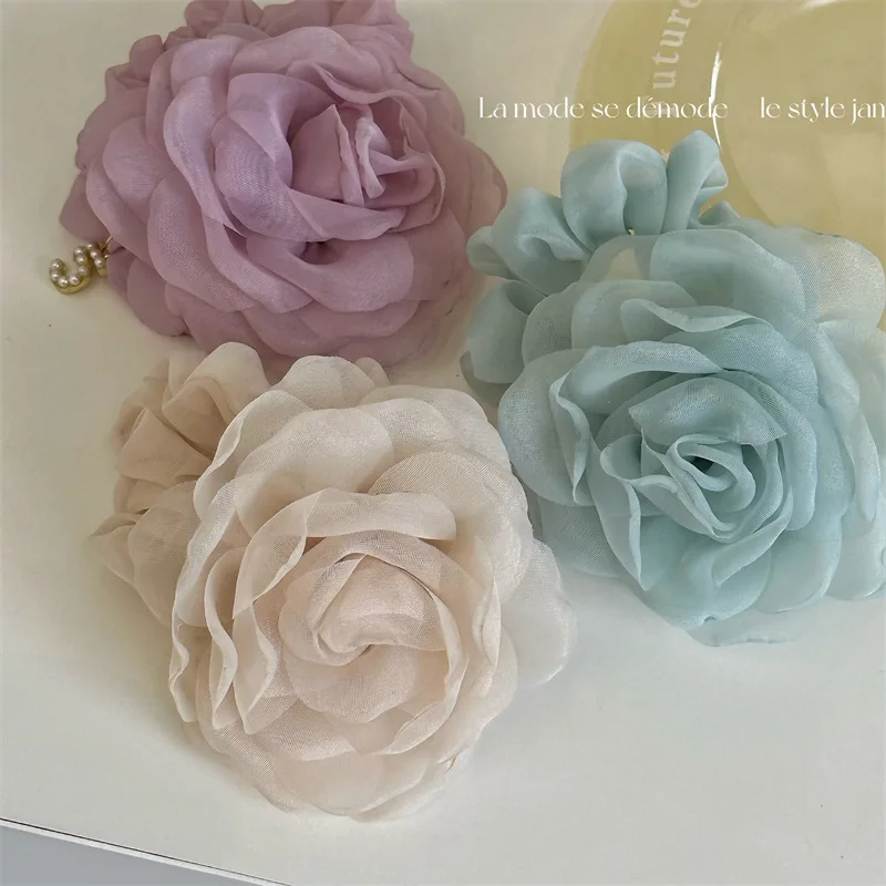 Gentle 3 Color Mesh Rose Hair Loop New Horse Tail Hair Rope Flower Headrope For Women Girls Fashion Spring Hair Accessories