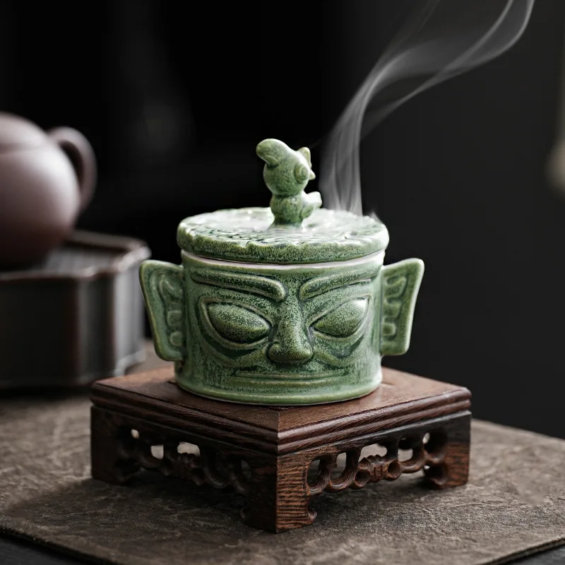 

Sanxingdui Style Retro Ceramic Cultural Creative Incense Burner Figurine Set Vertical Eye Mask Divine Official Insence Holder