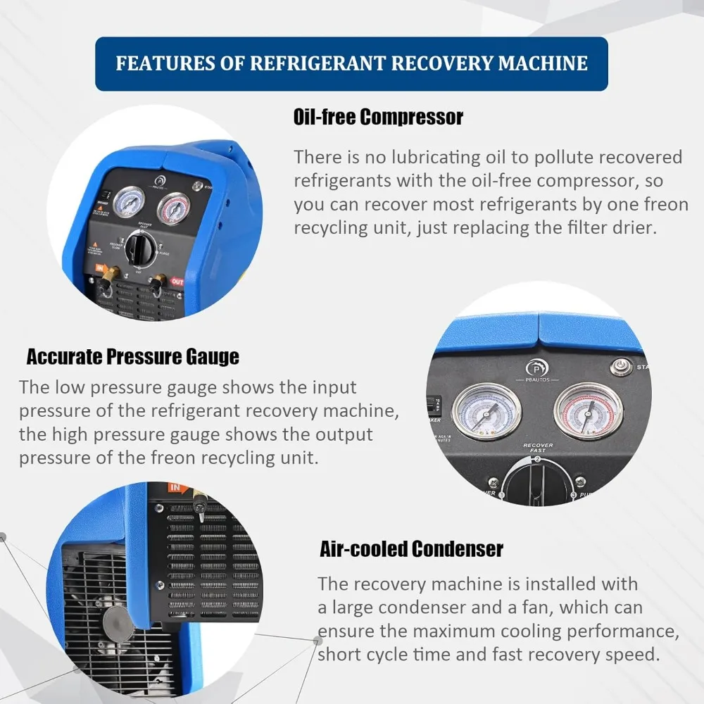 Máquina de recuperação de refrigerante de cilindro duplo R1234YF R32 de 1HP, unidade portátil de reciclagem de freon sem óleo 110V-120V