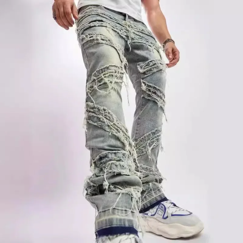 

Pop Ripped Men's Jeans Stretchy Denim Streetwear Tearing Patchwork Holes Ripped Denim Loose Casual Pants Slim Fit Straight Trous