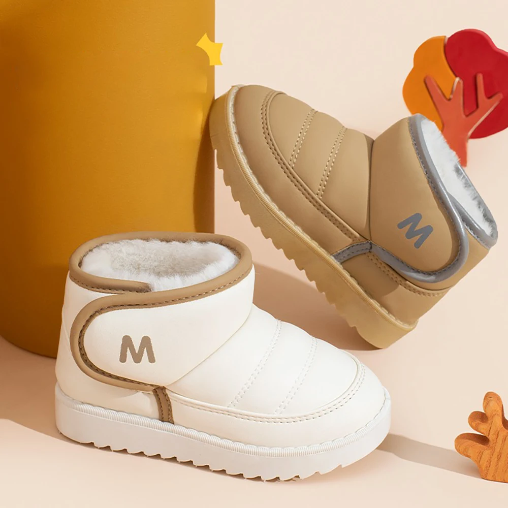 

Winter Snow Boots For Children PU Leather Boy's Girl's Plush Boots Thick Warm Kid's Cotton Shoes Anti-slippery Warm Boots