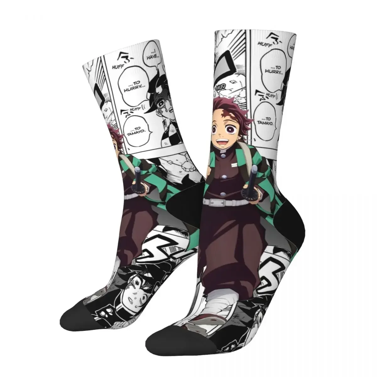 Retro Demon Slayer Tanjiro Kamado Anime Skateboard Socks Polyester Crew Socks for Women Men Non-slip