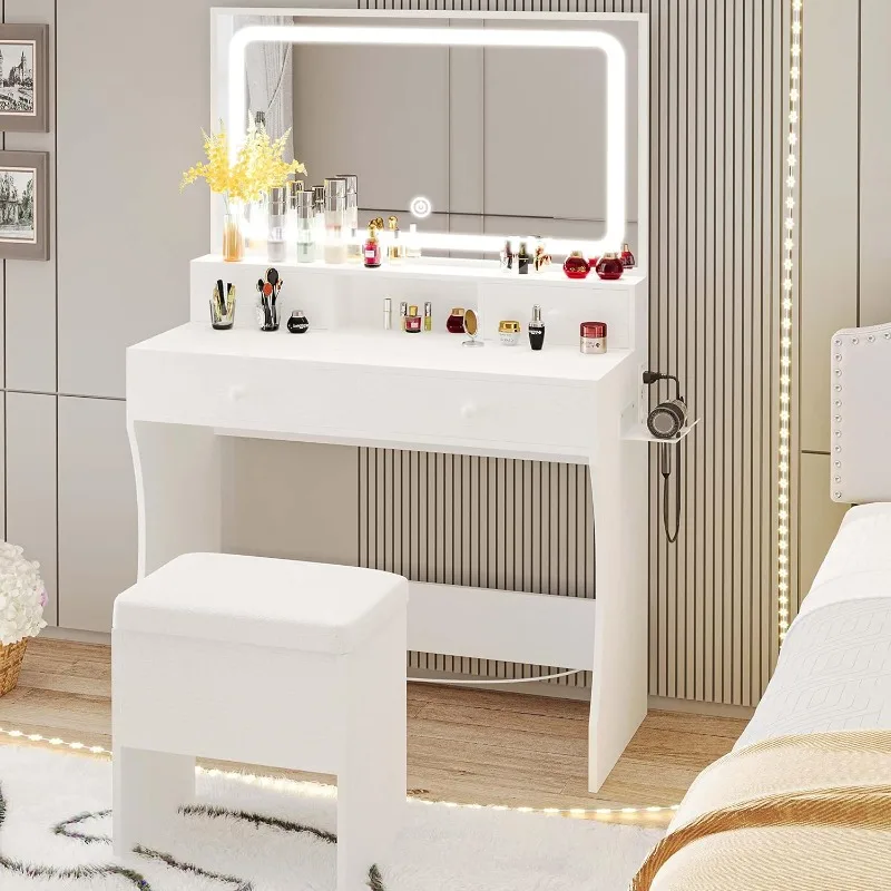 Vanity Desk with LED Lighting Mirror and Power Outlet and 4 Drawers, Vanity Desk with Storage Stool and Hairdryer Holder, White