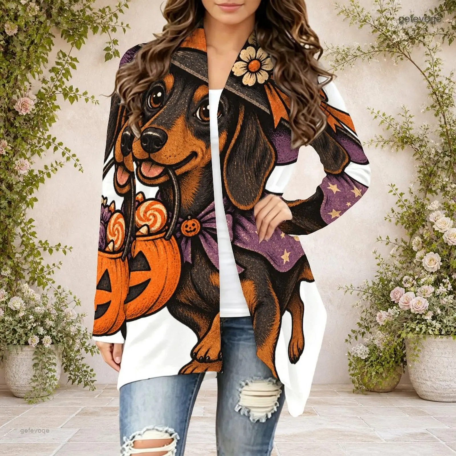 Printed Cardigan for Women Long Sleeve Open Front Draped Collar Curved Hem