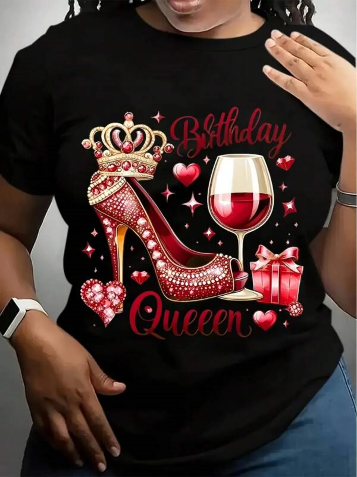 

Women's Birthday Queen Graphic T-Shirt - Crew Neck Tee With Sparkling Red High Heel, Crown & Wine Glass Design