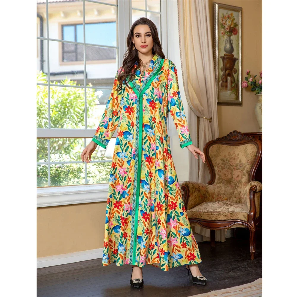 Mulheres muçulmanas abaya floral impressão diamante longo maxi vestidos turquia eid vestido de festa kaftan islâmico dubai árabe ramadan femme jalabiya