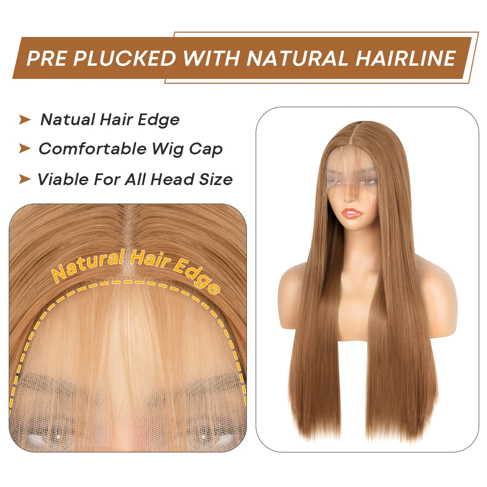 Honey Blonde 32 inch Lace Wigs for Black Women Straight Synthetic Ginger Lace Wig Middle Part Pre Plucked with Baby Hair Wigs