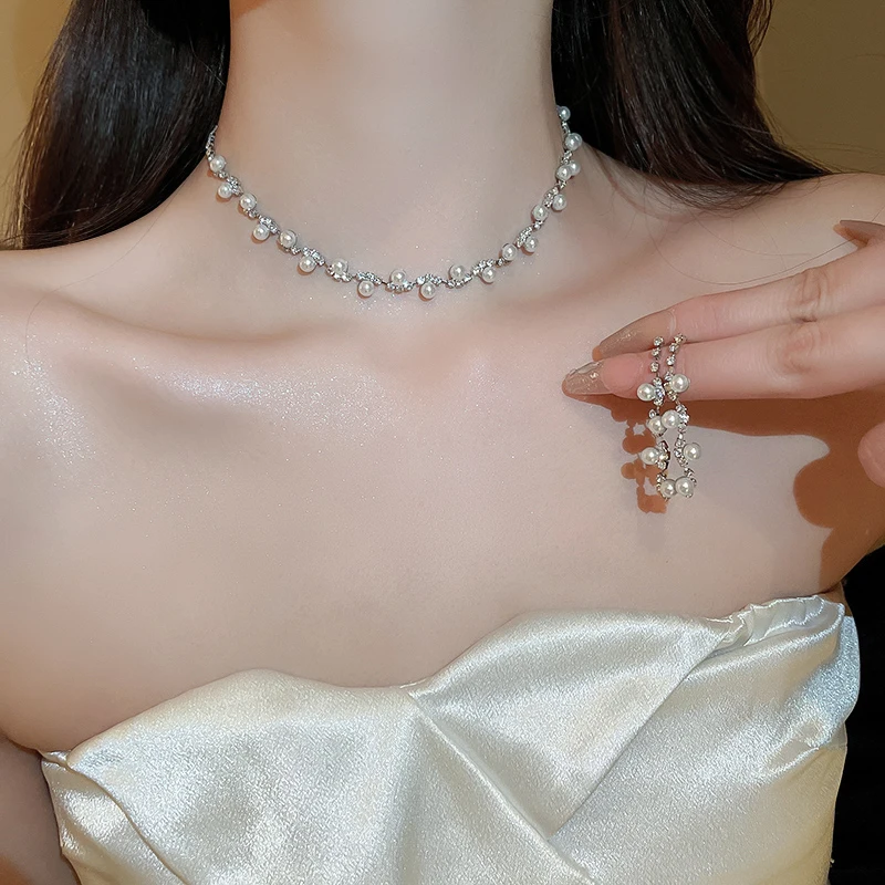 2 Pcs Rhinestones Imitation Pearl Wave Water Drop Square Geometric Flower Twig Necklaces Women Delicate Fashion Jewelry Sets K-
