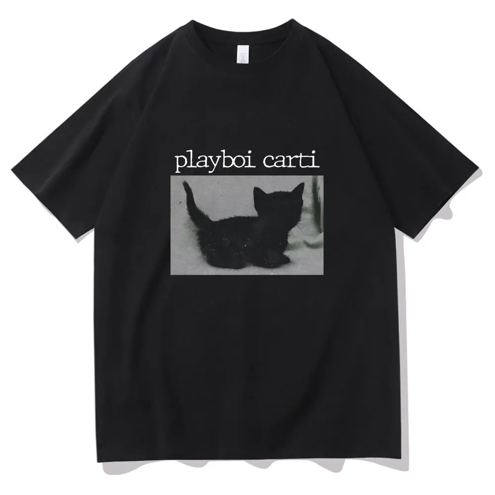 Playboi Carti Oversized Hip-Hop T Shirts Cute Cat Print T-shirt Harajuku Print Tee Regular Mens Tops Quality Men 2pac Rap Tshirt