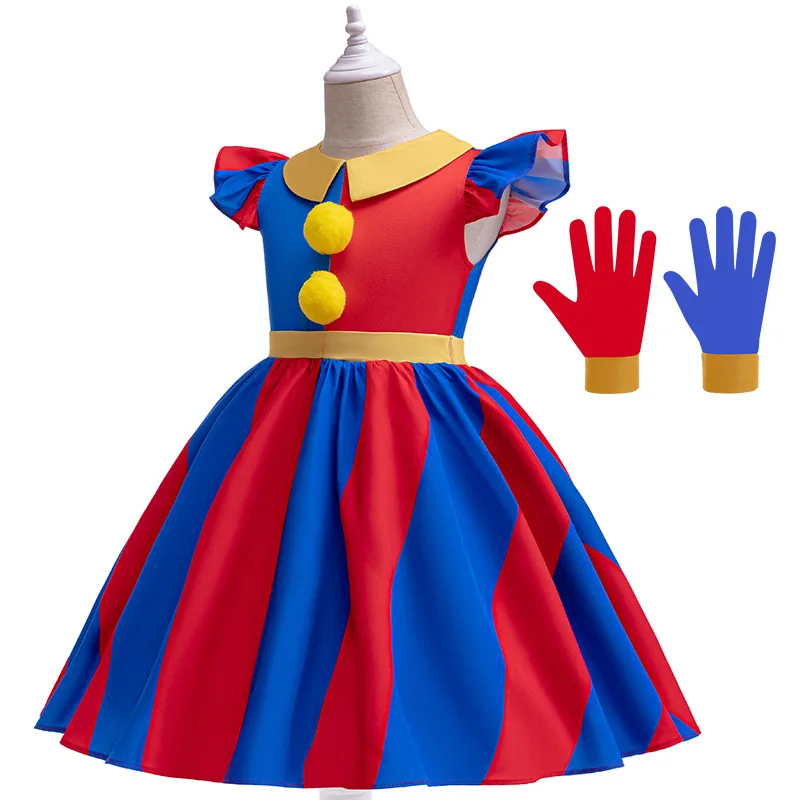 Children's Digital Circus Clown Role Playing Costume Girls Dress Fantasia Dress Summer Red Blue Stitching Party Birthday Gift