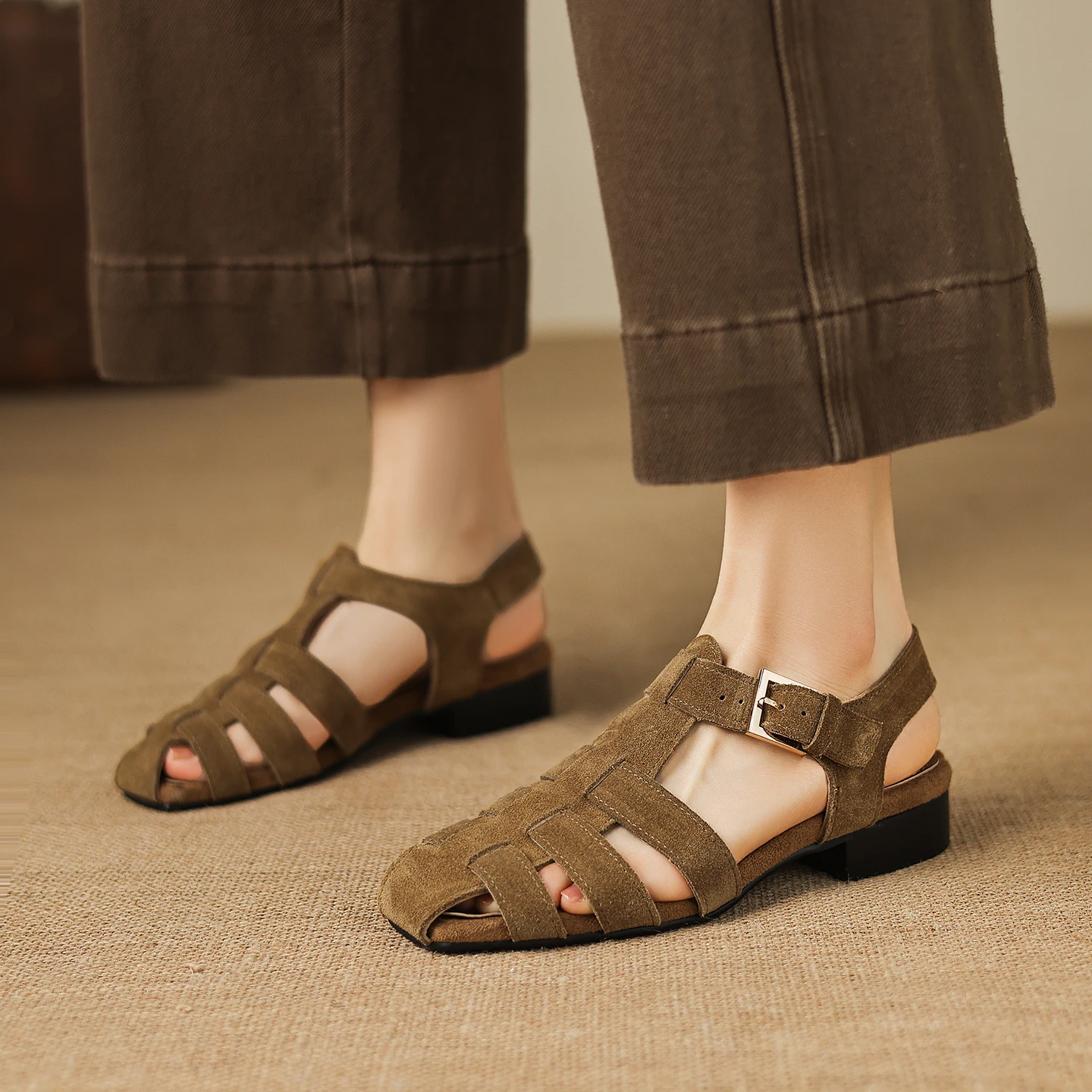 

Genuine Leather Cowhide Suede Women's Sandals,Low Heels Buckle Strap Breathable Summer Gladiator Womens Shoes