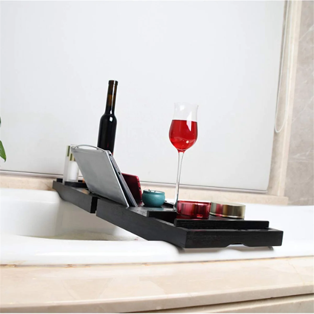 1PCS Bamboo Expandable Bathtub Caddy Tray Bathroom Organizer with Cellphone Tablet and Wine Book Holder Black A