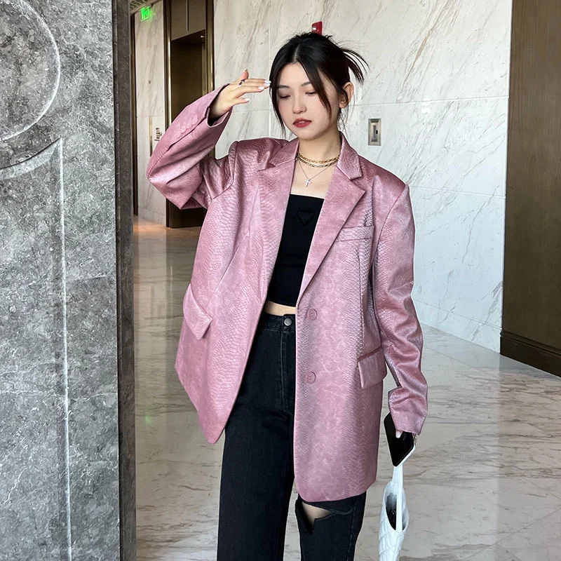 

Spring Korean Women Pink Crocodile-print Faux Pu Leather Suit Jacket Casual Notched Collar Long Sleeve female Blazers Outerwear