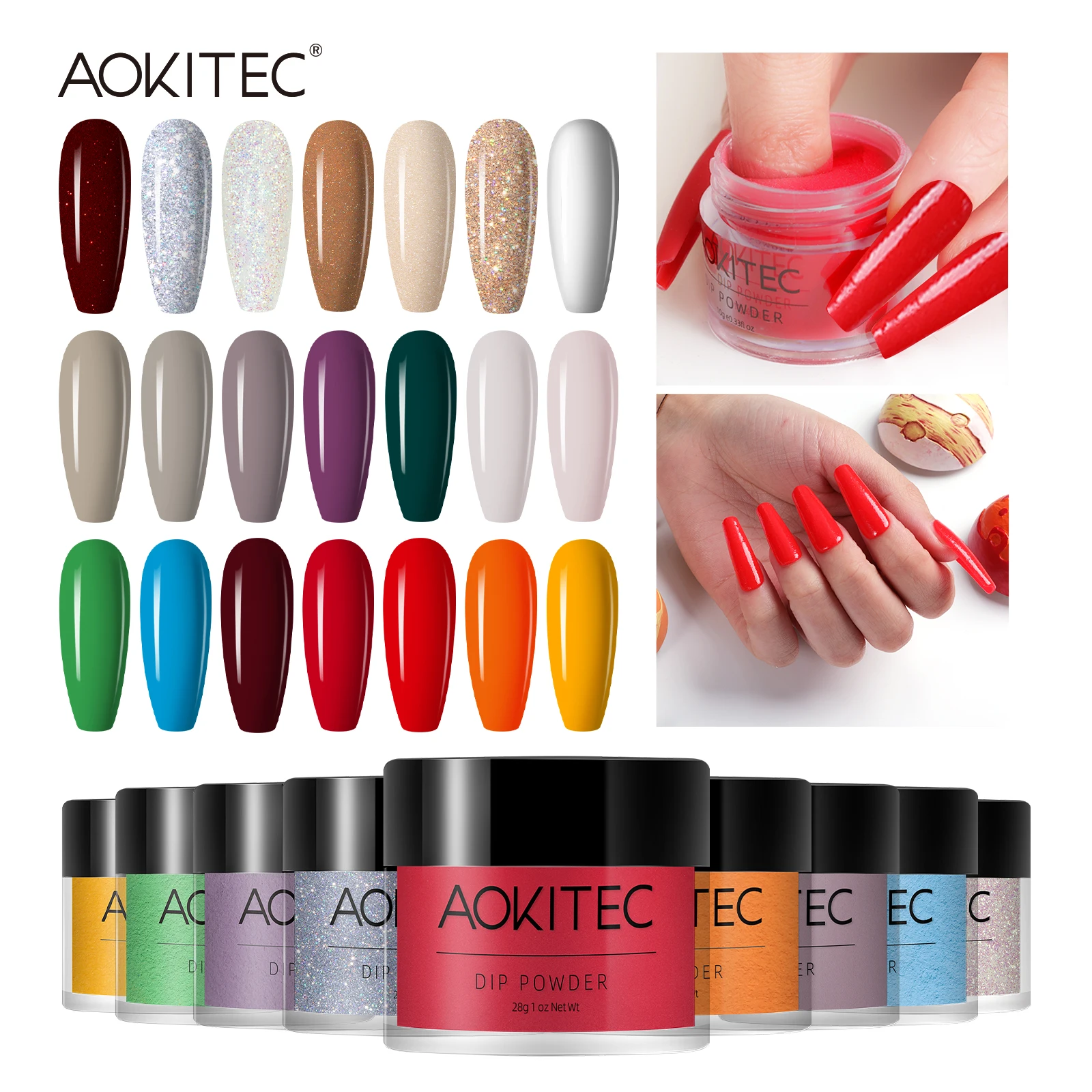 Aokitec ผงตกแต่งเล็บ28กรัมผงการตกแต่งศิลปะเล็บฝรั่งเศสแบบจุ่ม