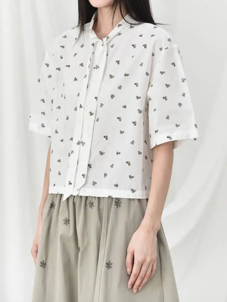 Women White Pattern Printed Big Size Blouse New Bow Collar Short Sleeve Shirt Fashion Tide Spring Summer