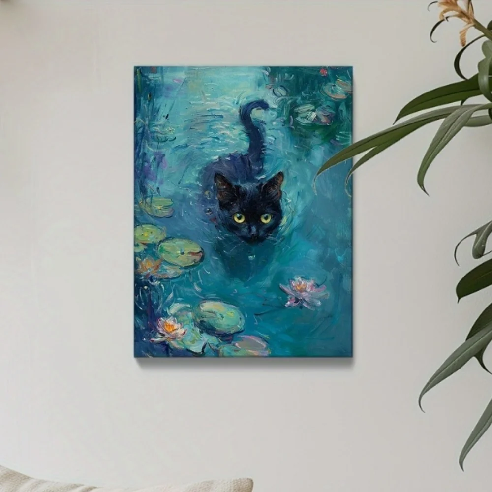 Pond Black Cat Canvas Poster Print Frameless Wall Decor Home Bedroom Living Room Office Room Decoration Wall Decor Indoor