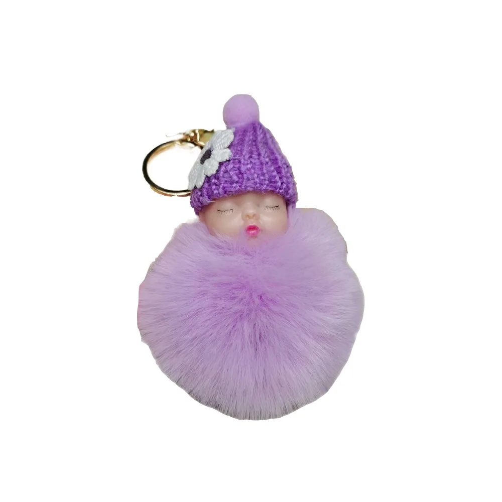 

Cute Pompom Sleeping Baby Keychain Fur Ball Fluffy Plush Doll Keyholder Gift Bag Pendant Women Girl