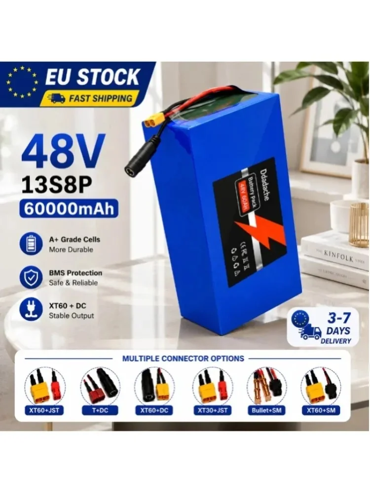 48V 60000mAh 13S8P 18650 Lithium-Akku-Pack Wiederaufladbarer Li-Ionen-Akku mit Smart BMS XT60 DC-Anschluss EU-Lager Schnelle Lieferung für Elektrofahrräder, Scooter, Solarsysteme, Camping, Wohnmobile,