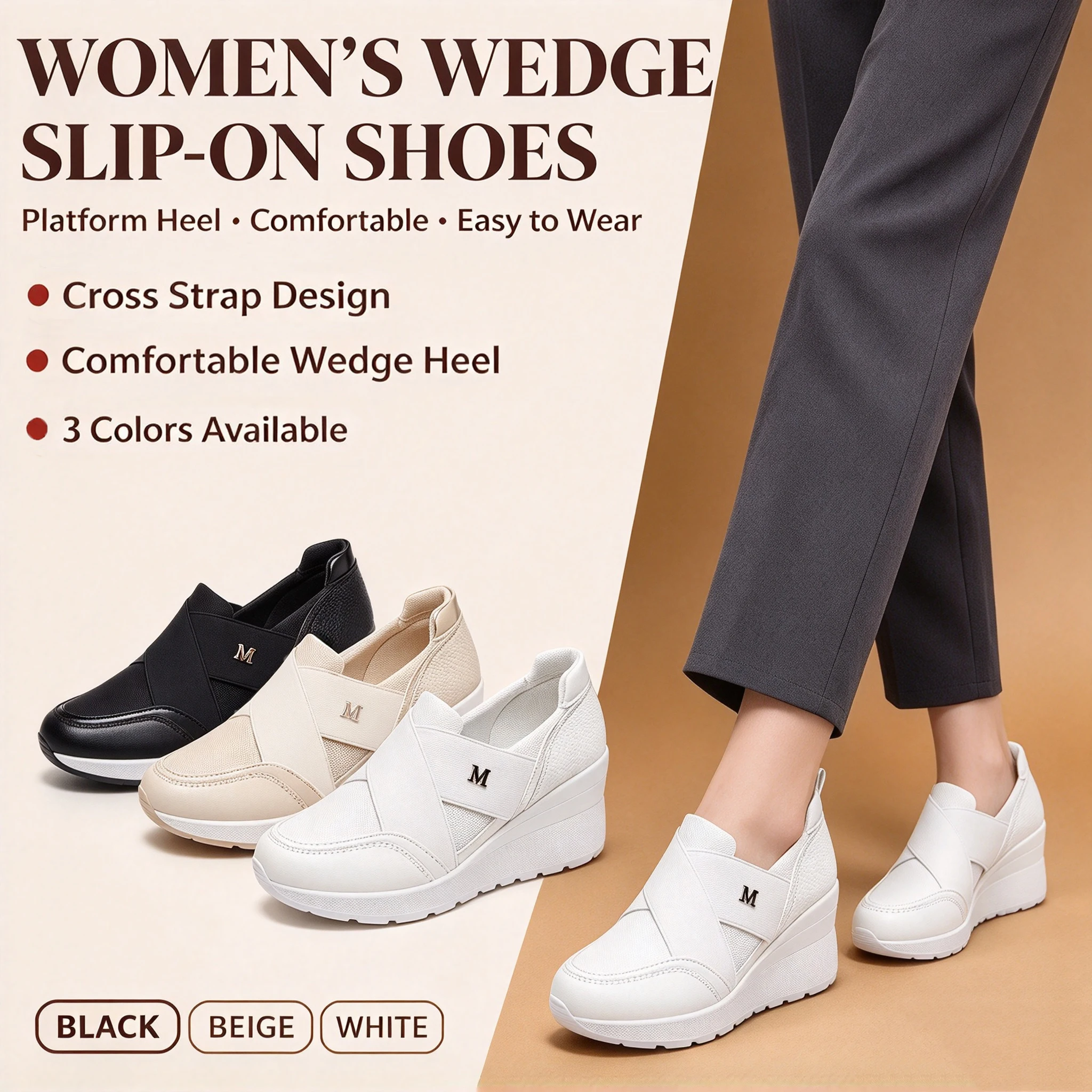 Women's Fashion Casual Sneakers, Letter Low-top Slip-on Women Shoes, Wedge Heel Elevated Outdoor Shoes with Cross Strap Design